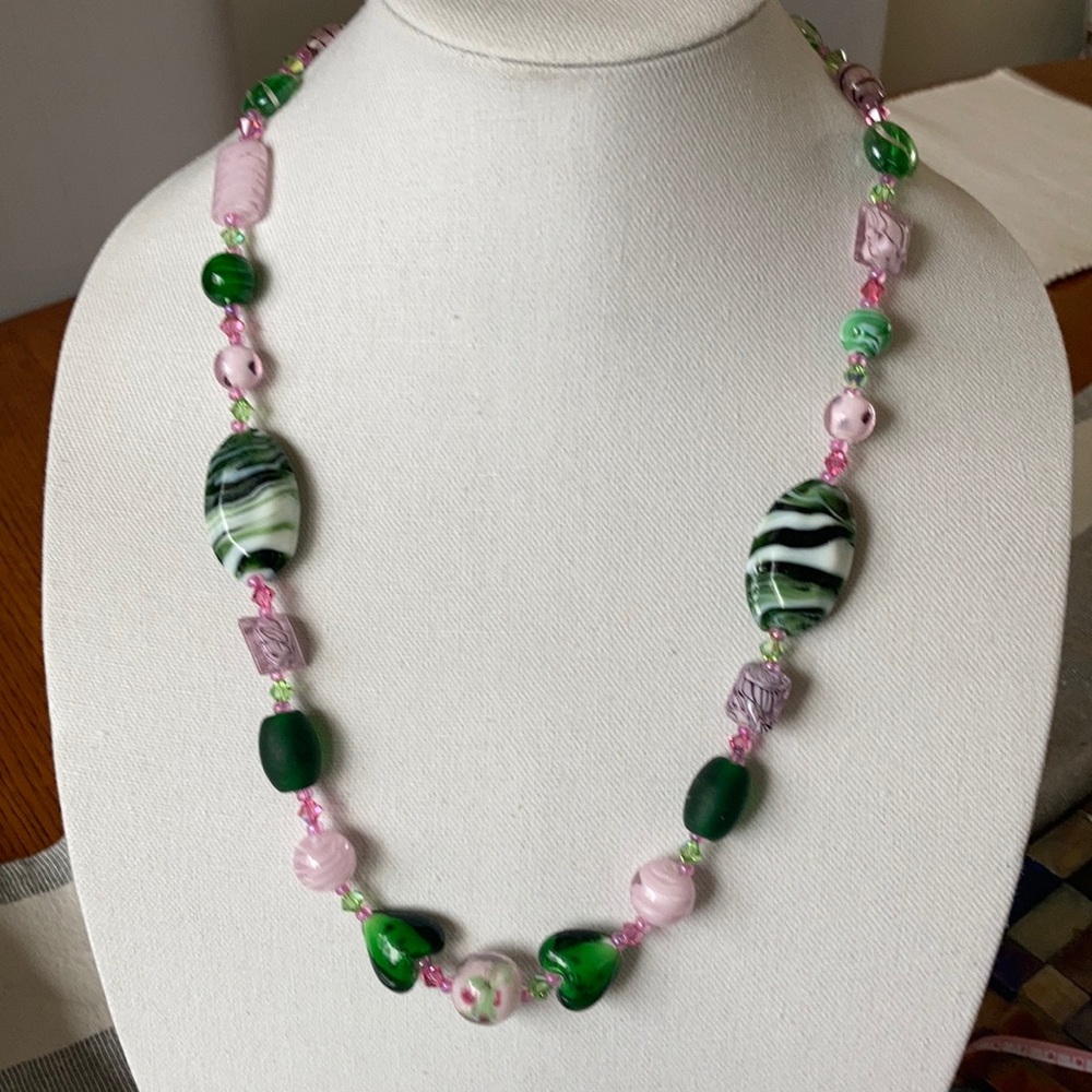 Laura Hansen Designs Green & Pink Lampwork Glass & Swarovski Crystal Necklace